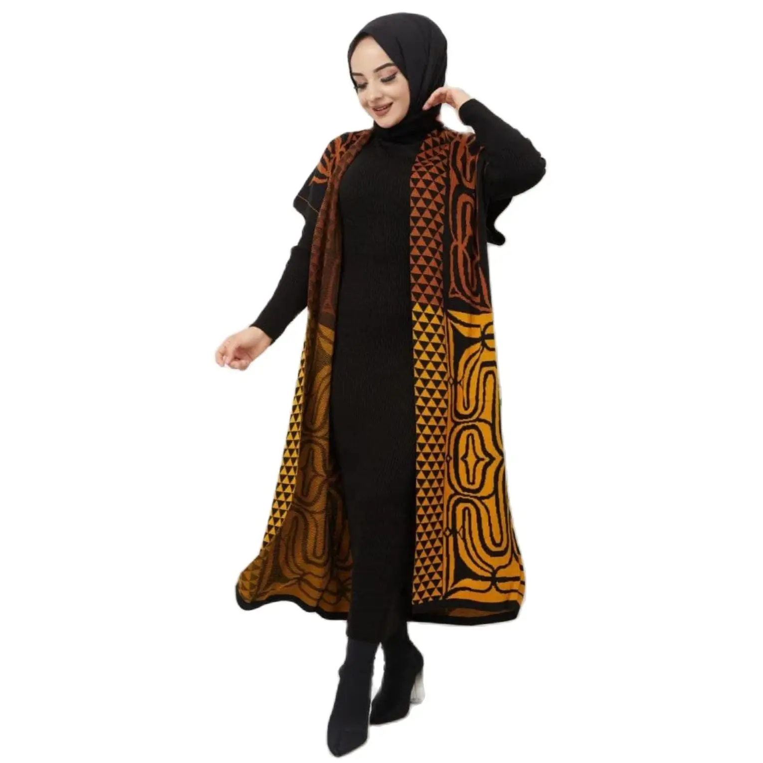 2 Pieces Patterned Turtleneck Knitted Muslim Set Maxi Dress and Cardigan Abaya Dress Muslim Dress Woman Turkey Dubai Hijab