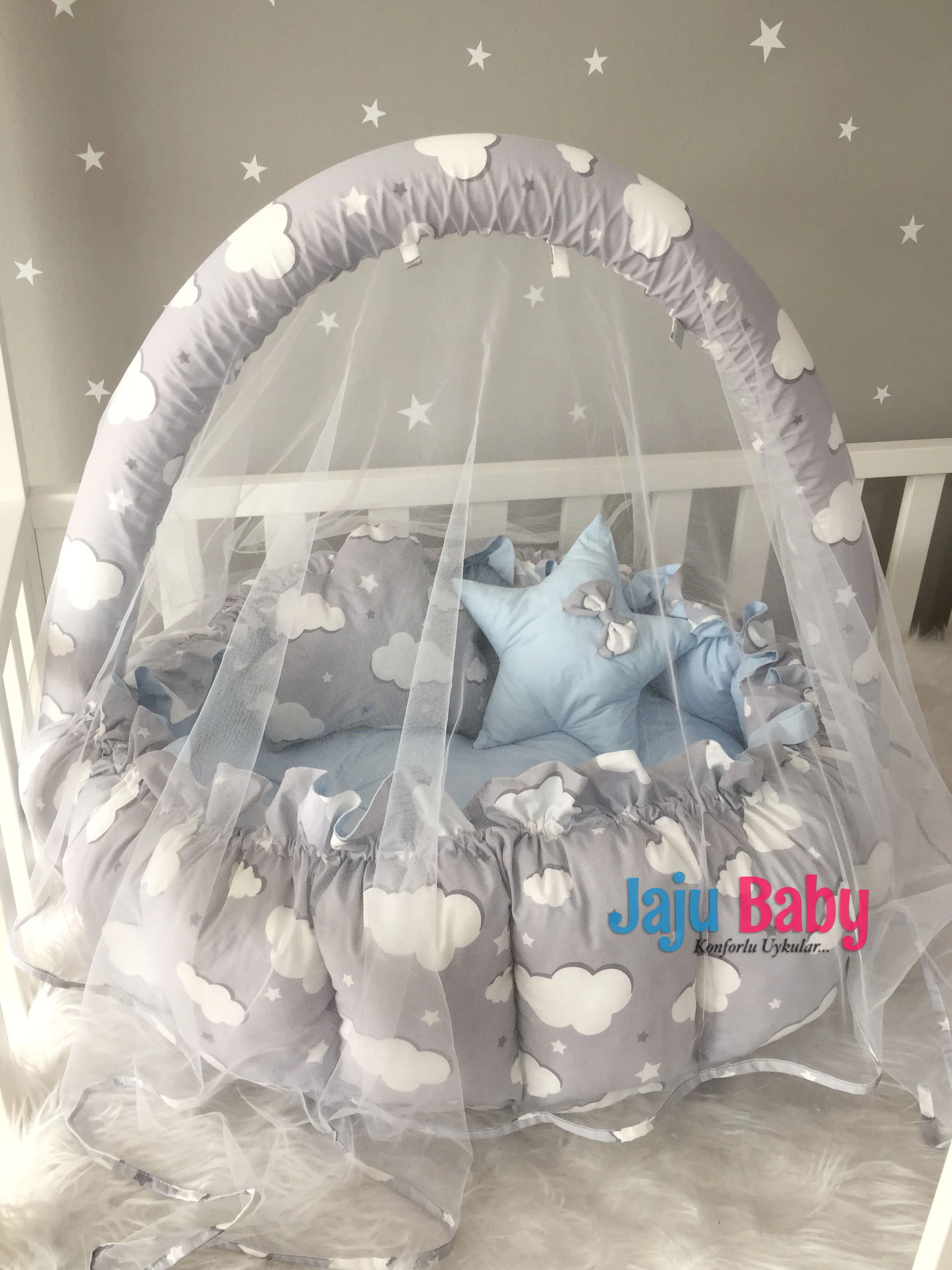 Jaju Baby Gray Cloud - Blue Patterned Design Luxury Play Mat Babynest Mosquito Net Tulle Toy Apparatus Set, Play Mat, Babynest