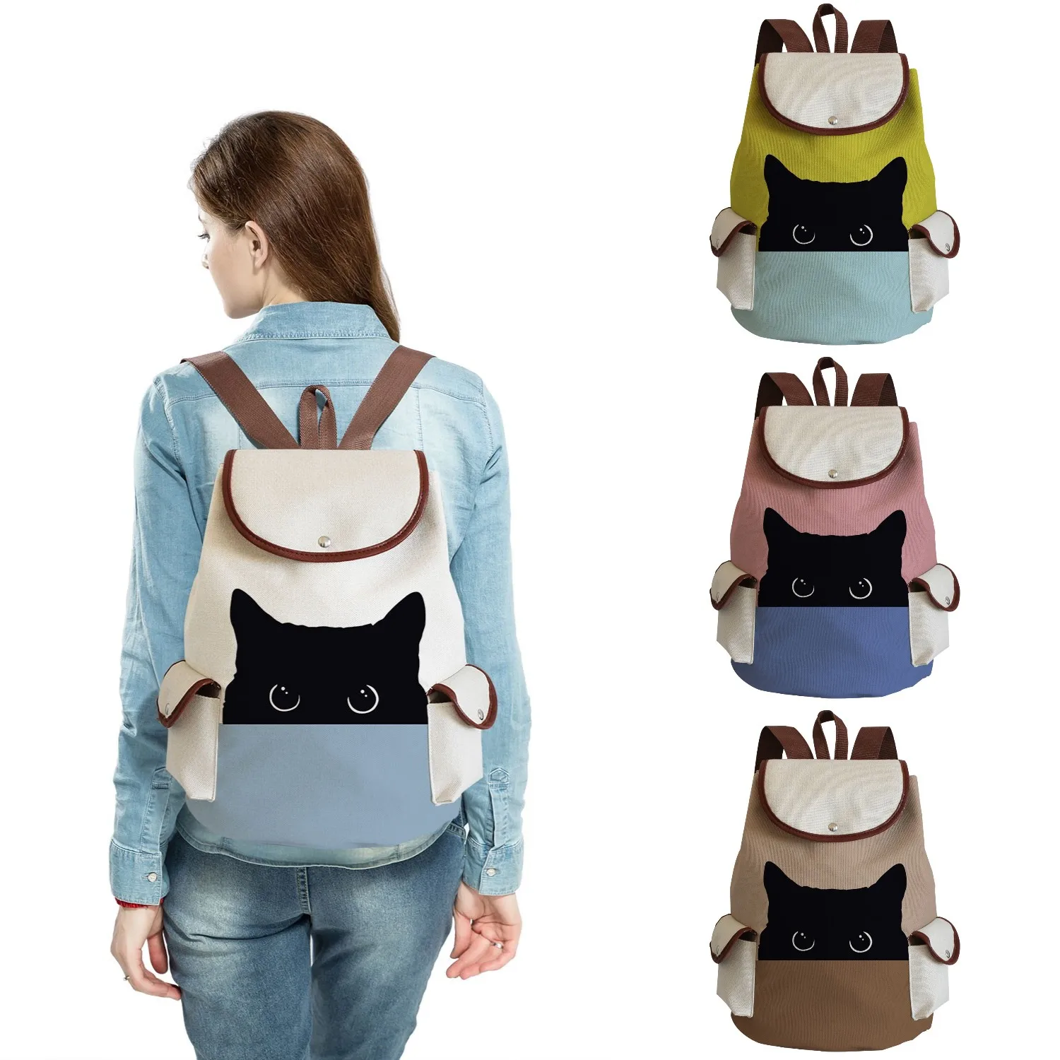 

Льняные студенческие рюкзаки унисекс с принтом черной кошки, повседневный дорожный ранец на шнурке для женщин, школьный портфель на плечо с индивидуальным рисунком
