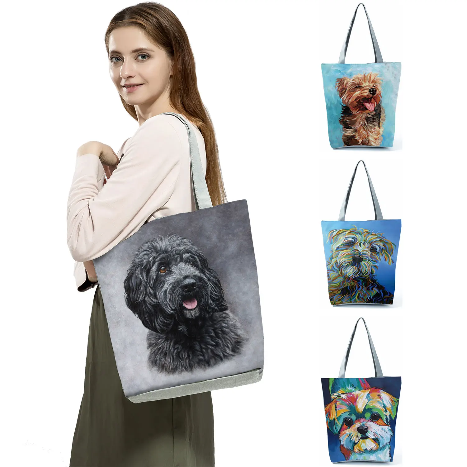 

Exclusive Oil Painting Dog Print Shopping Bags for Groceries Papillon Pug Retriever Print Women Large Capacity Handbag Shoulder