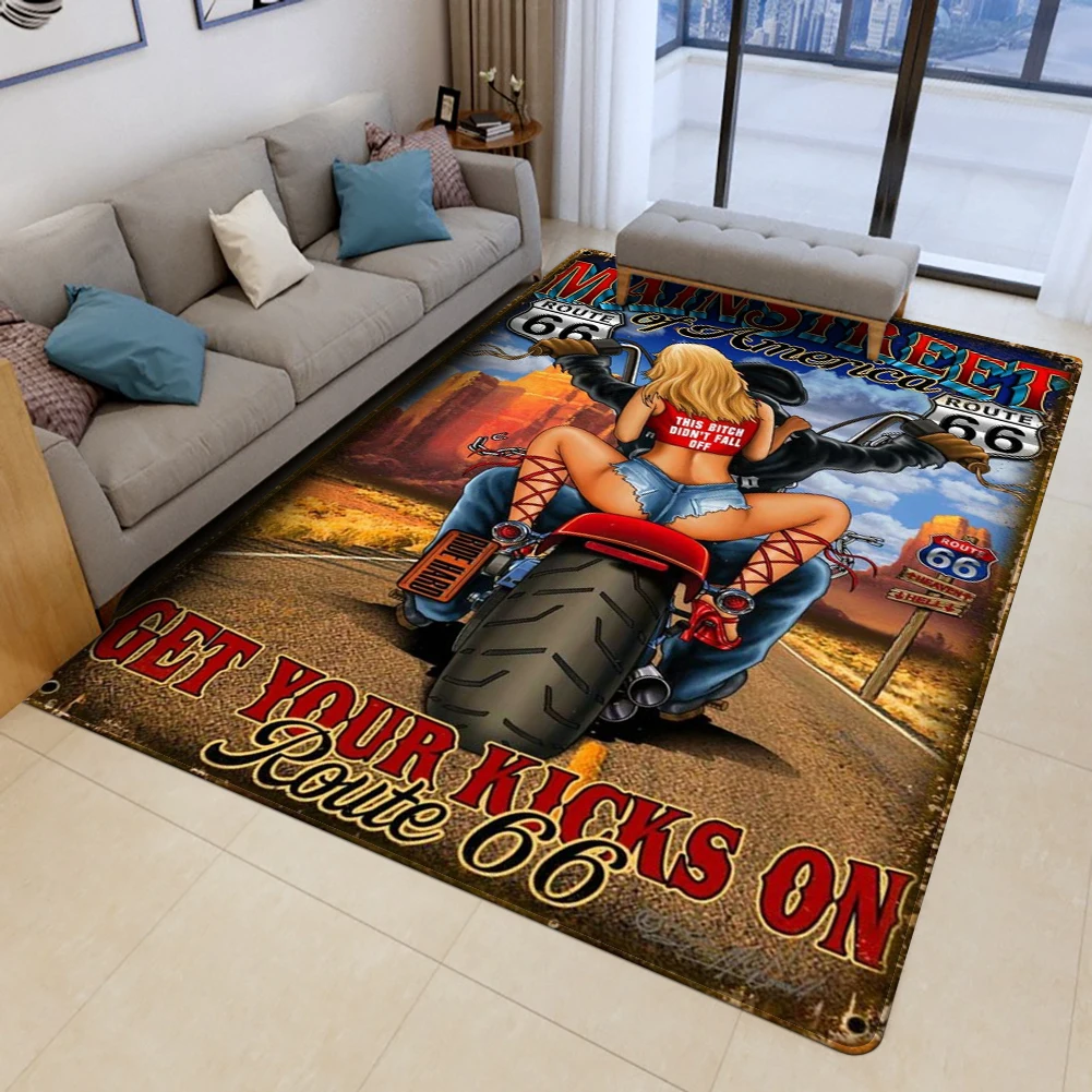 

Main Street Beautiful Girl Motorcycle Letter Pattern Floor Non-slip Rugs Doormat Large Carpet For Bedroom Living Room Home Decor