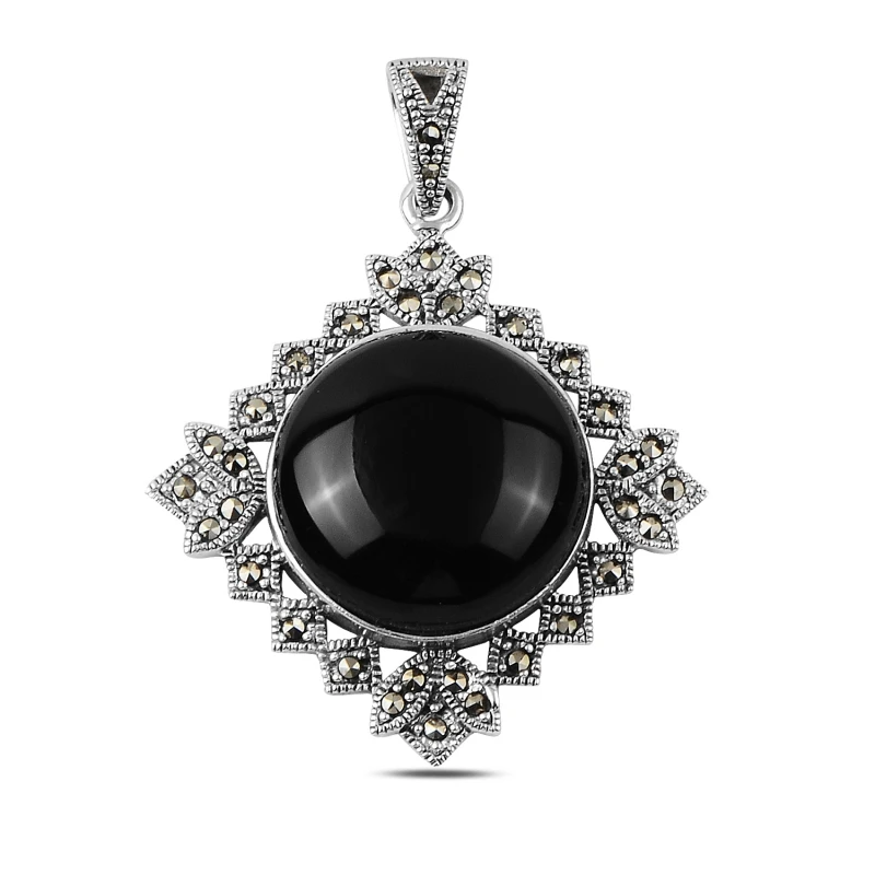 

Silver 925 Sterling Marcasite & Onyx Gemstone Pendant