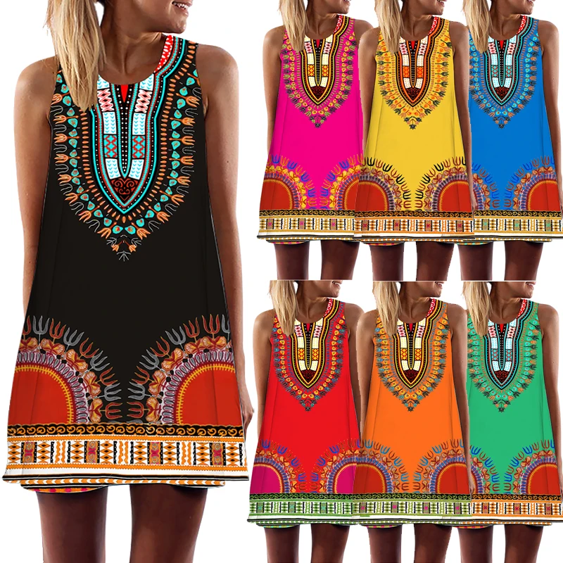 

Summer Retro Vest Dress for Women African Style Print O-Neck Sleeveless Mini Dresses Casual Loose A-Line Beach Sundress Vestidos