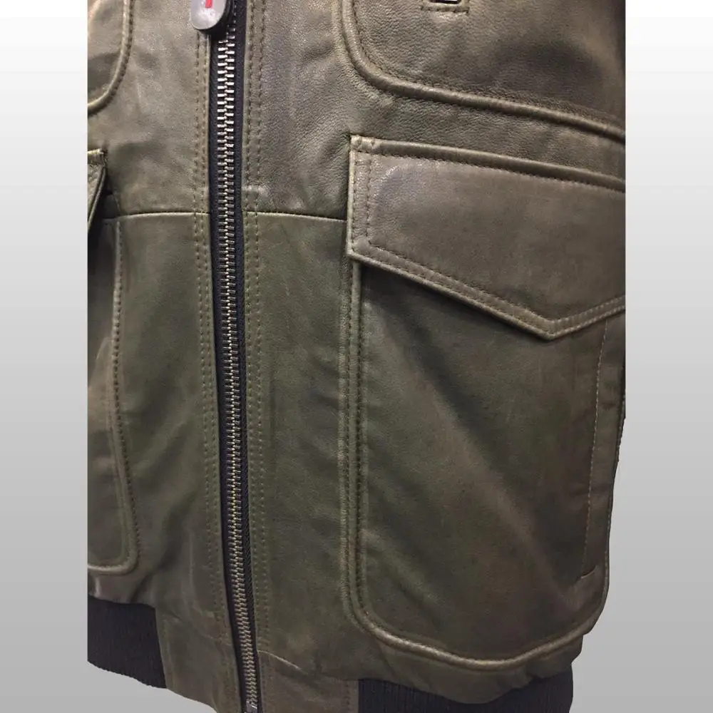

Men's Real Genuine Leather Khaki Bomber Pilot Vintage Jacket Real Sheepskin Casual New Fashion Natural Coat Removable Fur Colar