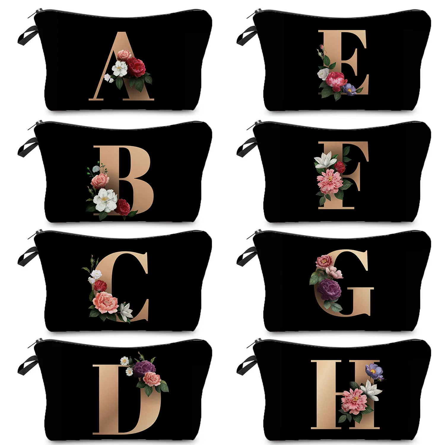 

Initials Flower Cosmetic Bag Ladies Golden Letter Makeup Bag Black Women Travel Bridesmaid Ladies Cosmetic Case Girls Beauty Bag