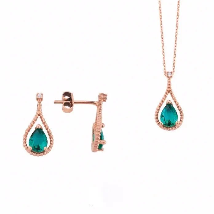 

Tiny Water-Drop Green Quartz Silver Necklace Earrings Set Suit