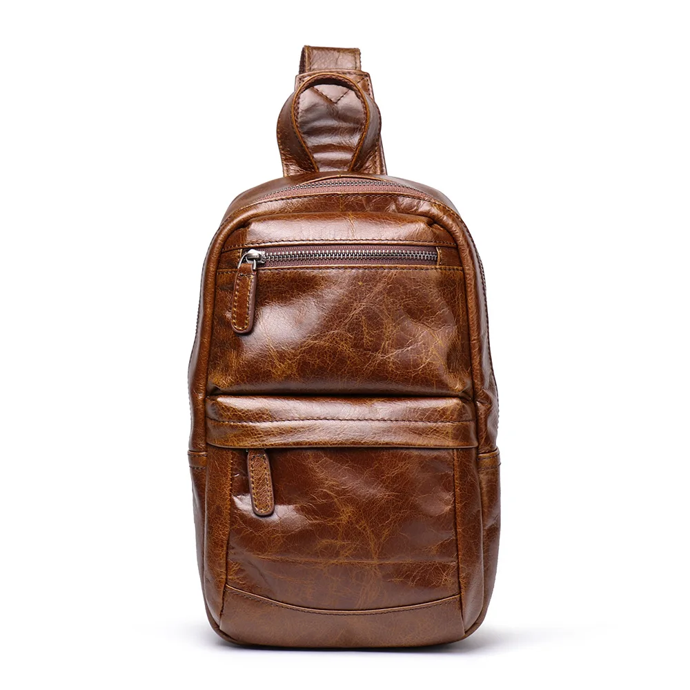 

High Quality Real Leather Men Crocodile leather Bag Oil Wax Cowhide Travel Crocodile Pattern Sling Chest Back Pack