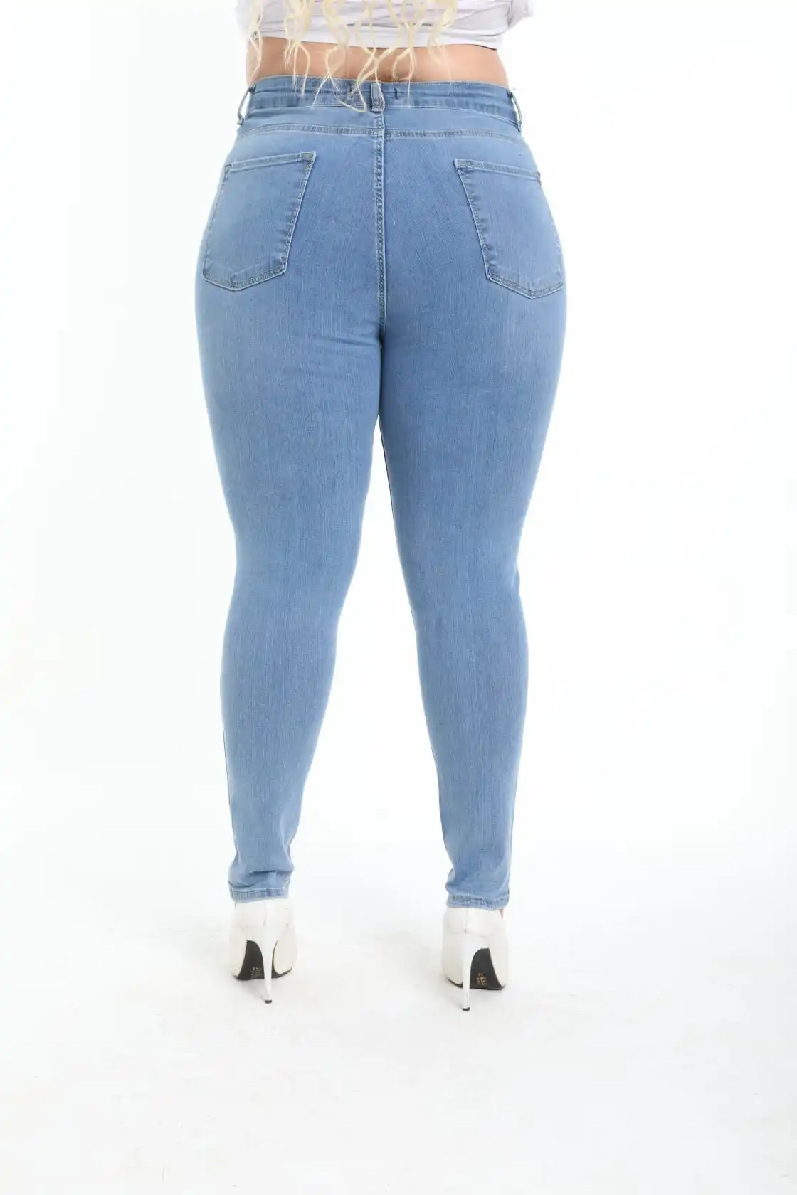 Diaves Women Plus Size High Waist Skinny Pearl Stone Pattern Detailed Blue Jeans