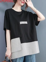 summer t shirt womens loose retro striped contrast color short sleeved t shirt 2022 new round neck stitching oversized top