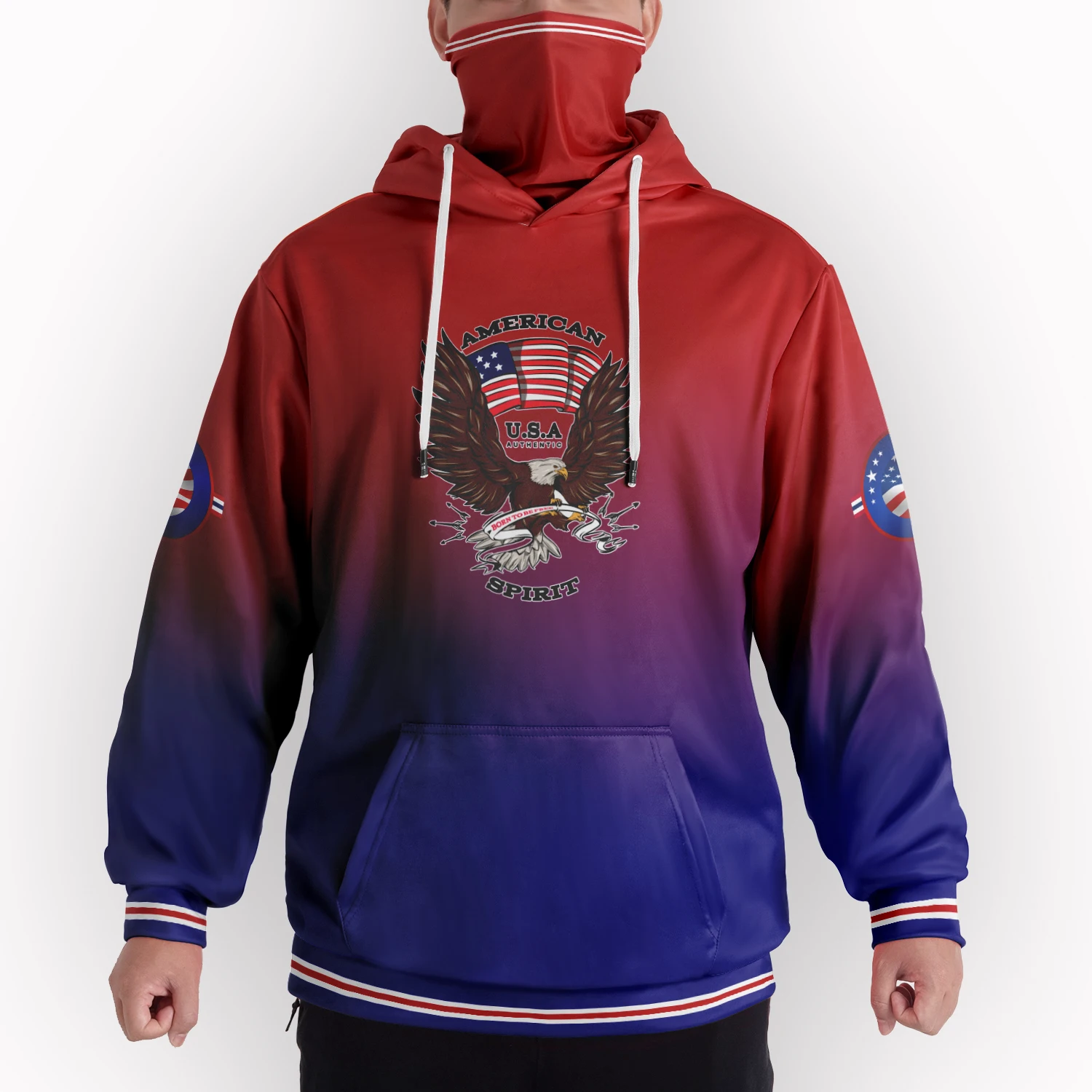

USA American Spirit Flag Hoodie Getaway Mask Personalized Pullover Sweatshirt Fit Pockets Print On Demand Fleece Long Sleeve