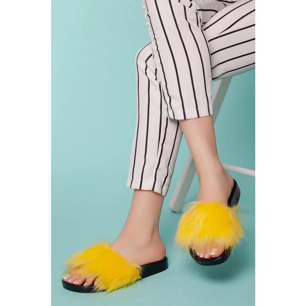 Women House Slippers Faux Fur Fashion Warm Shoes Woman Slip on Flats Female Slides Black Pink cozy home furry slippers sun