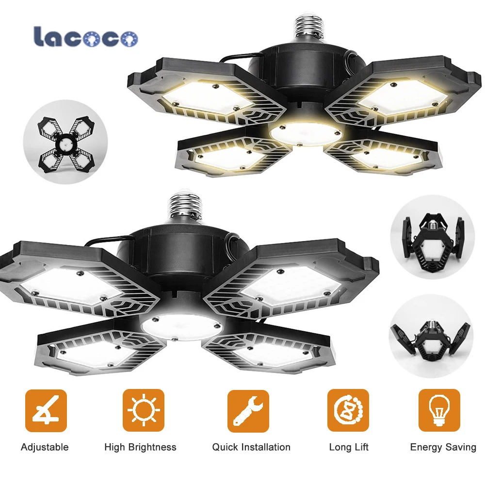 

100W LED Garage Light Adjustable Deformable Ceiling Light For Home Warehouse Workshop Folding 4Leaf Deformation High Bay Light
