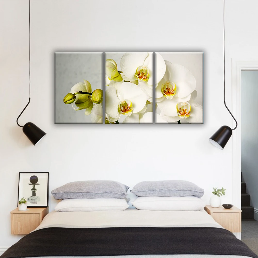 Белая орхидея цветы ветка орхидеи. Модульная картина на холсте 3 модуля триптих.