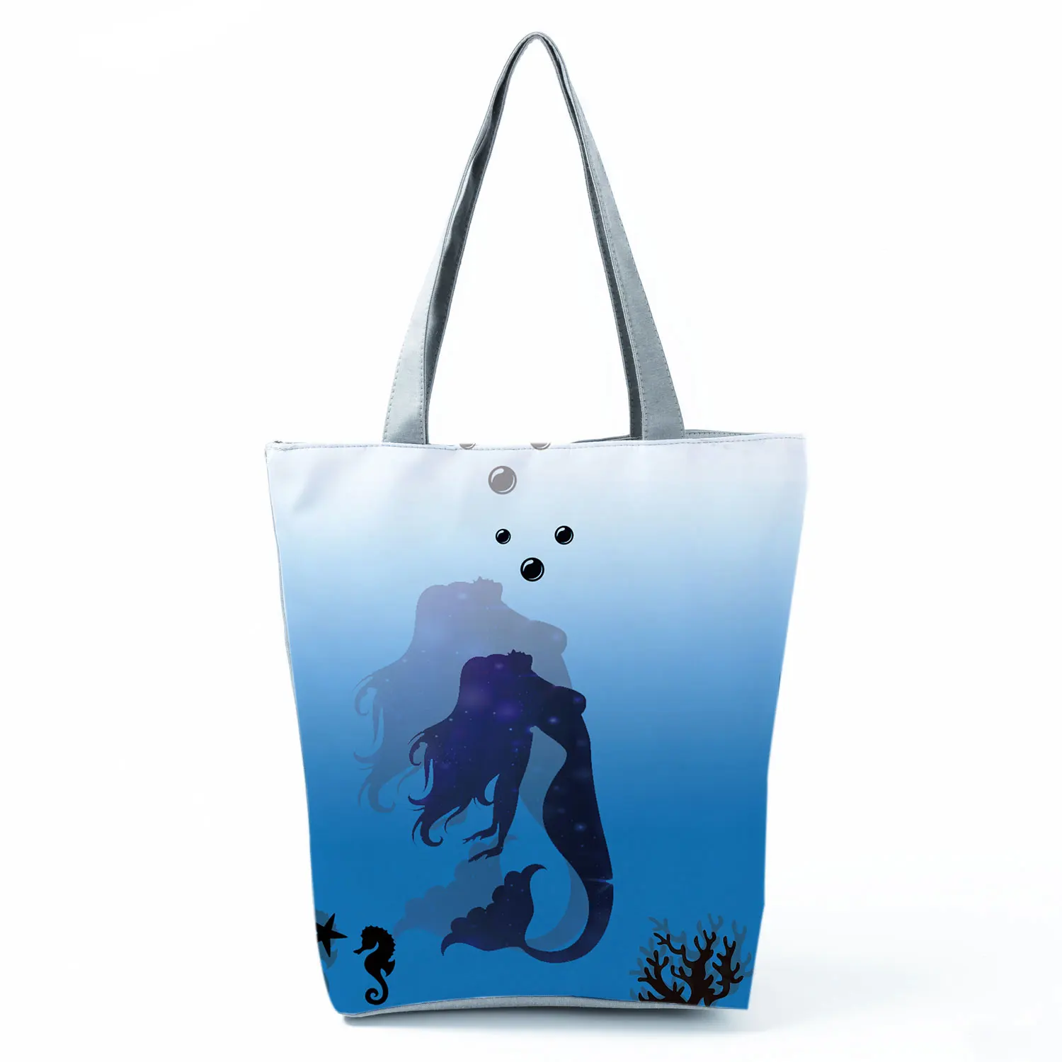

Seabed Mermaid Printed Blue Shoulder Bags Pretty Simple Women's Bag Fashion Cartoon Handbags Eco Friendly Portable Shopping Bags