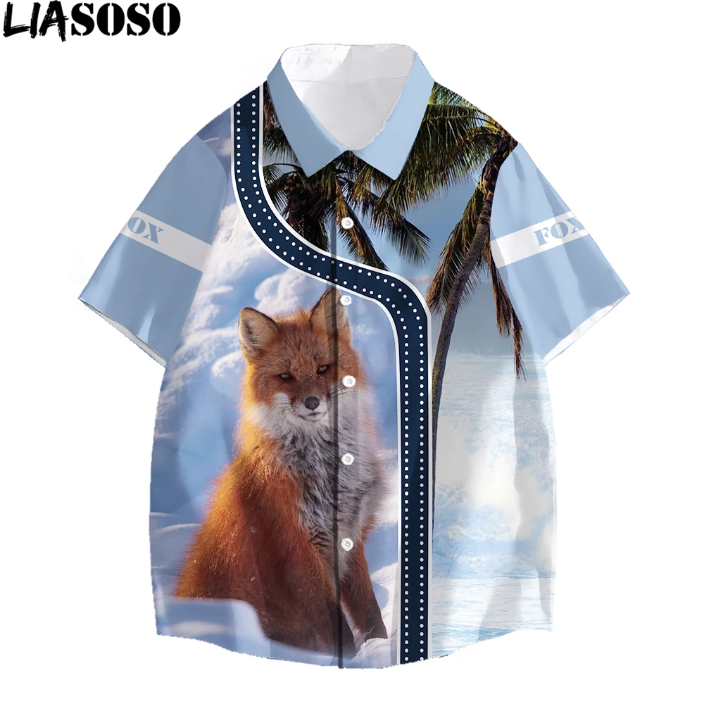 

SONSPEE Fox Palm Tree Animal 3D Holiday Cool Personality Print Shirt Summer Men's Lapel Fashion Trend Oversized Loose Menswear