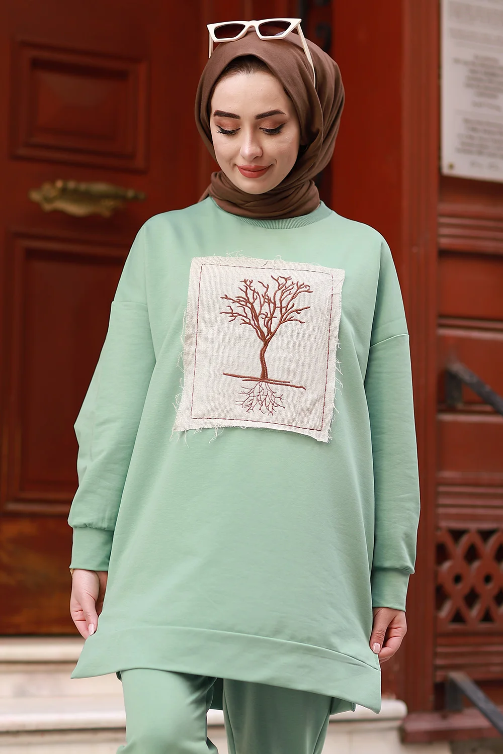 

Tree Detailed Hijab Collar Straight Tracksuit Elastic Waist Trousers Solid Color Long Sleeve Seasonal Women Muslim Fashion Hijab