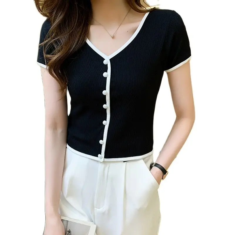 

2022female T-shirt short sleeve V-collar cotton high-waisted single-breasted