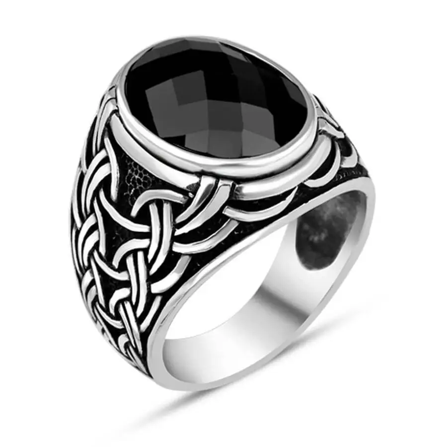 

Facet Cut Black Zircon Stone Silver Men's Ring with Chain Motif Fashion Turkish Premium Quality Handmade Jawelery