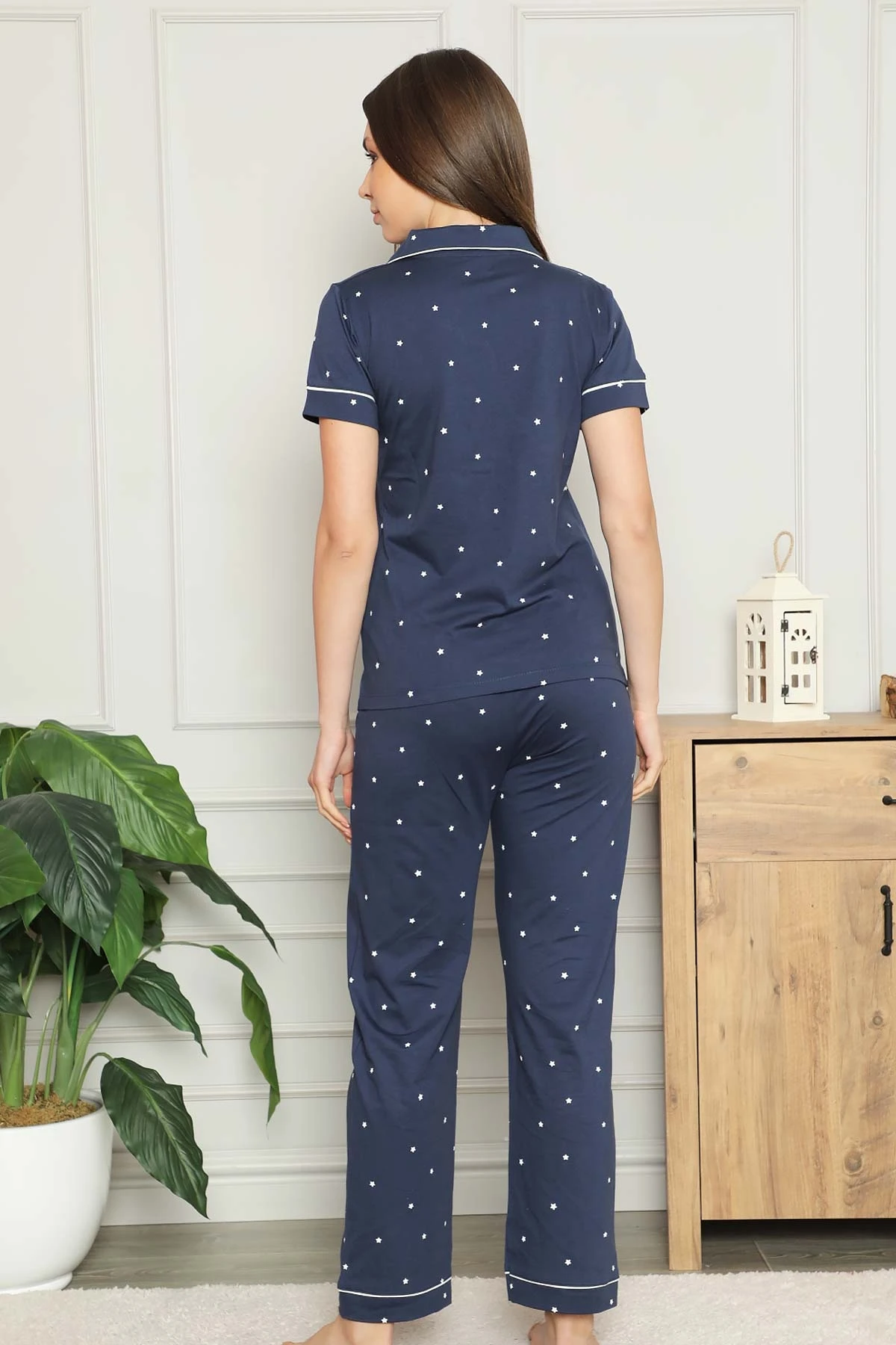 

New Summer Spring Women Pajama Sets Short Sleeve 3 Color Pajamas Suit Homewear Overnight Dressing Gown Star Pattern