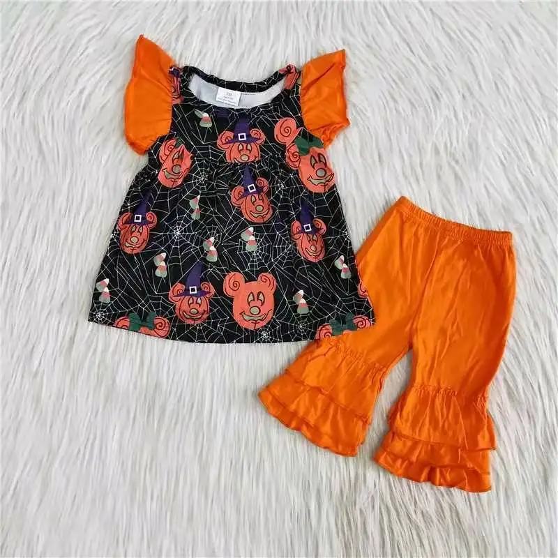 

hot sale kids boutique clothing spring ruffle pant toddler girl outfit flutter sleeve top pant outfit