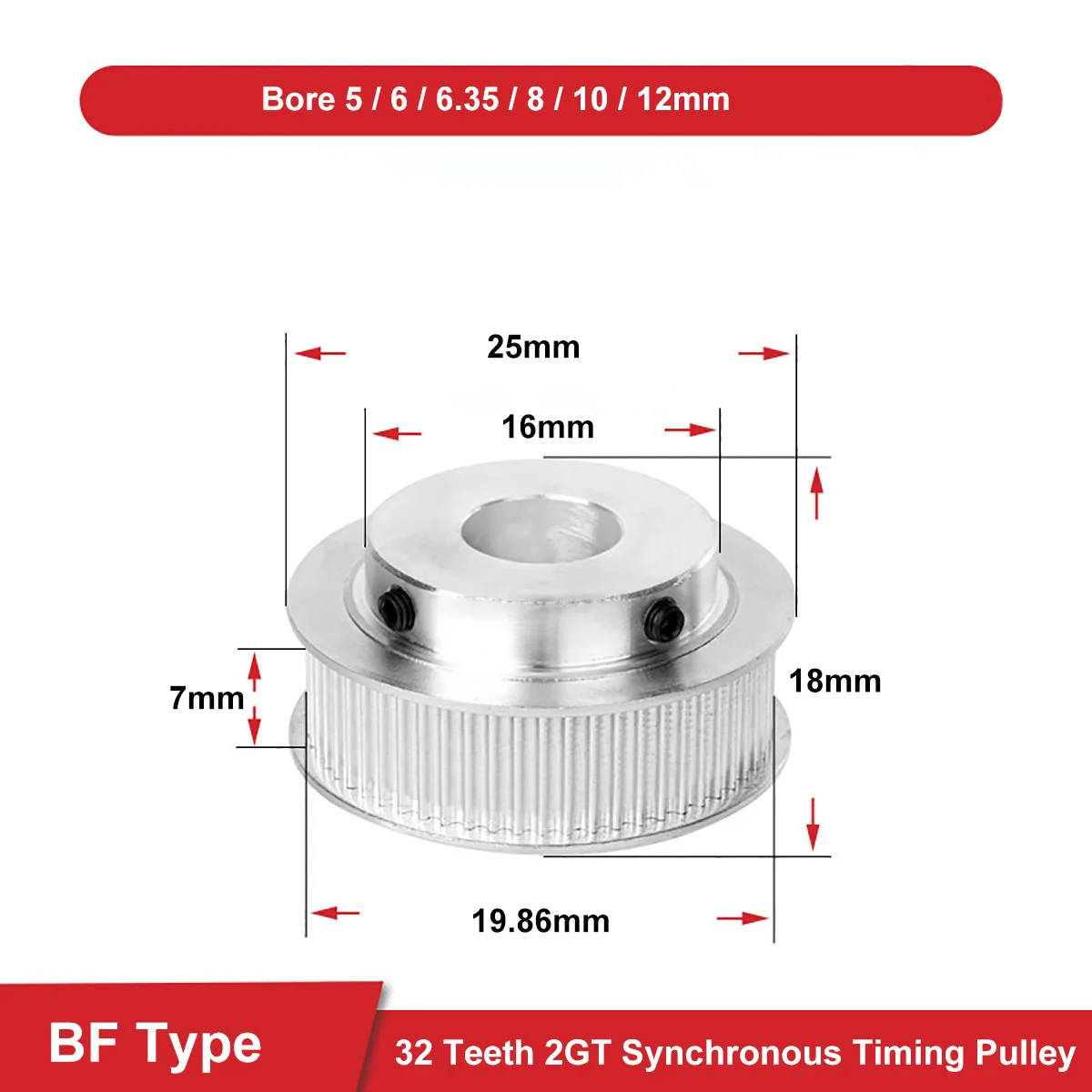 

32 Teeth 2GT Synchronous Pulley Bore 4/5/6/6.35/8/10/12mm BF Timing Pulley Aluminium Idler Pulley For 6mm Width 2GT Timing Belt