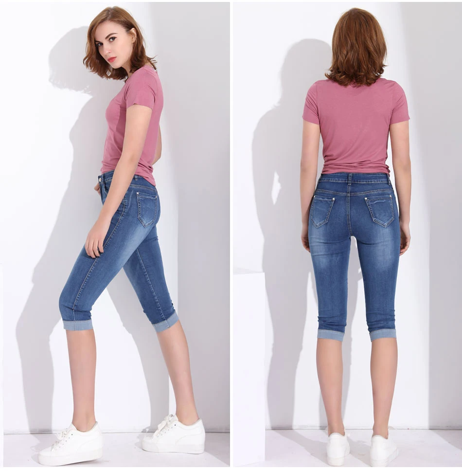 

Ladies Big Plus Size Skinny Capris Women With High Waist Summer Jeans Women Stretch Knee Length Denim Shorts Pants