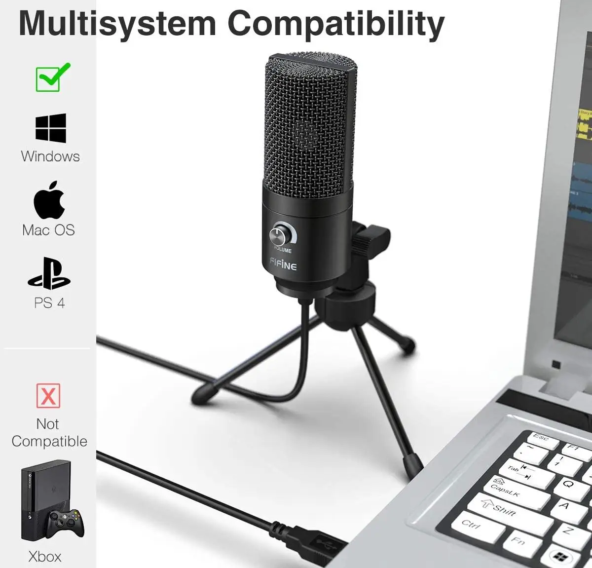 Микрофон Fifine K669B (Black) USB конденсаторный штатив-тринога регулятор громкости для