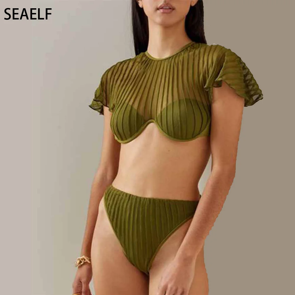 

Solid Color Texture Fashion Luxury Green Bikini Female Retro Swimsuit Designer Bathing Suit Bikinis Mujer Tanga Hollow Out