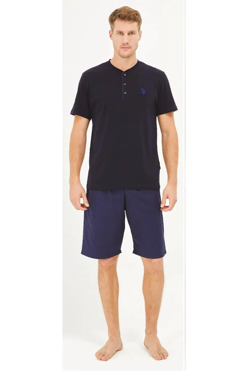 Summer Men's Pajamas Set 3 piece Zero Collar Buttoned Long sleeves and Shorts Side Pockets Cotton Night Sleep Comfortable horse hom