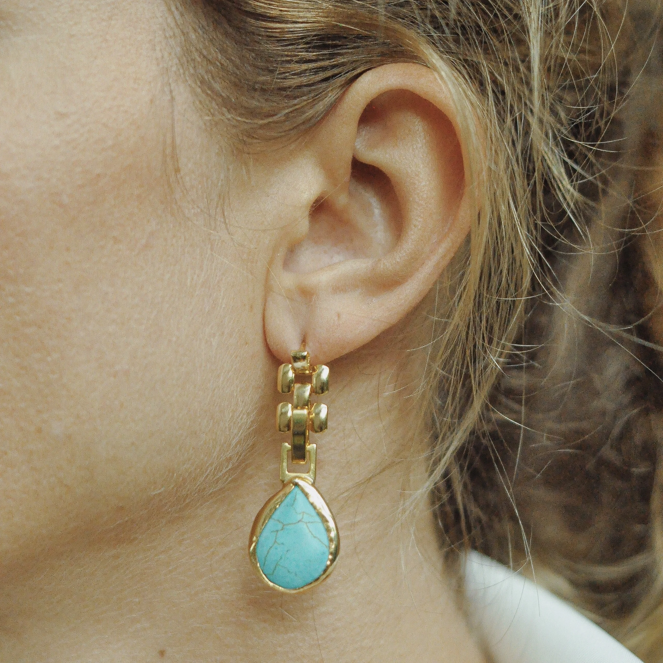 

GULCE DERELI, DROP SYMBOL TURQUOISE NATURAL STONE CHARM EARRINGS, VINTAGE CHAIN EARRINGS, GIFT BOX, GOLD/SILVER PLATED