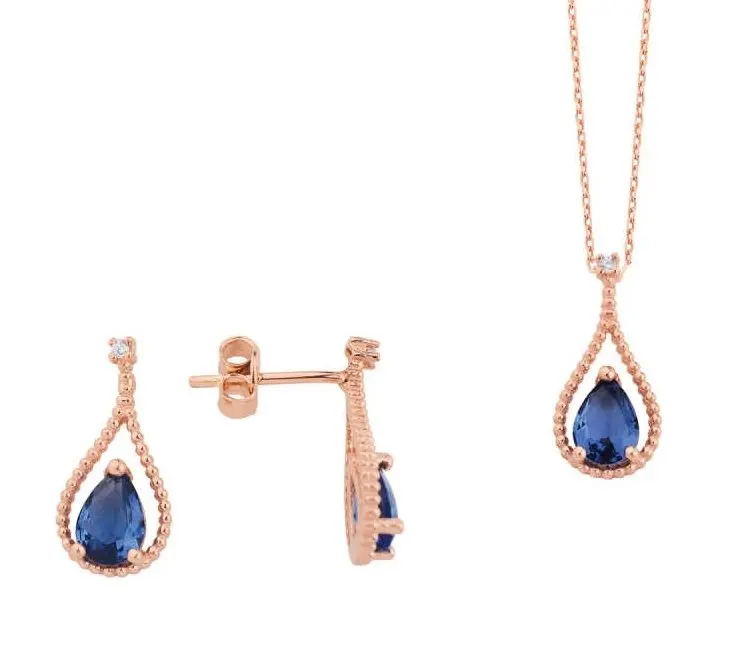 

Tiny Water Drop Sapphire Gemstone Silver Necklace Earrings Set Suit