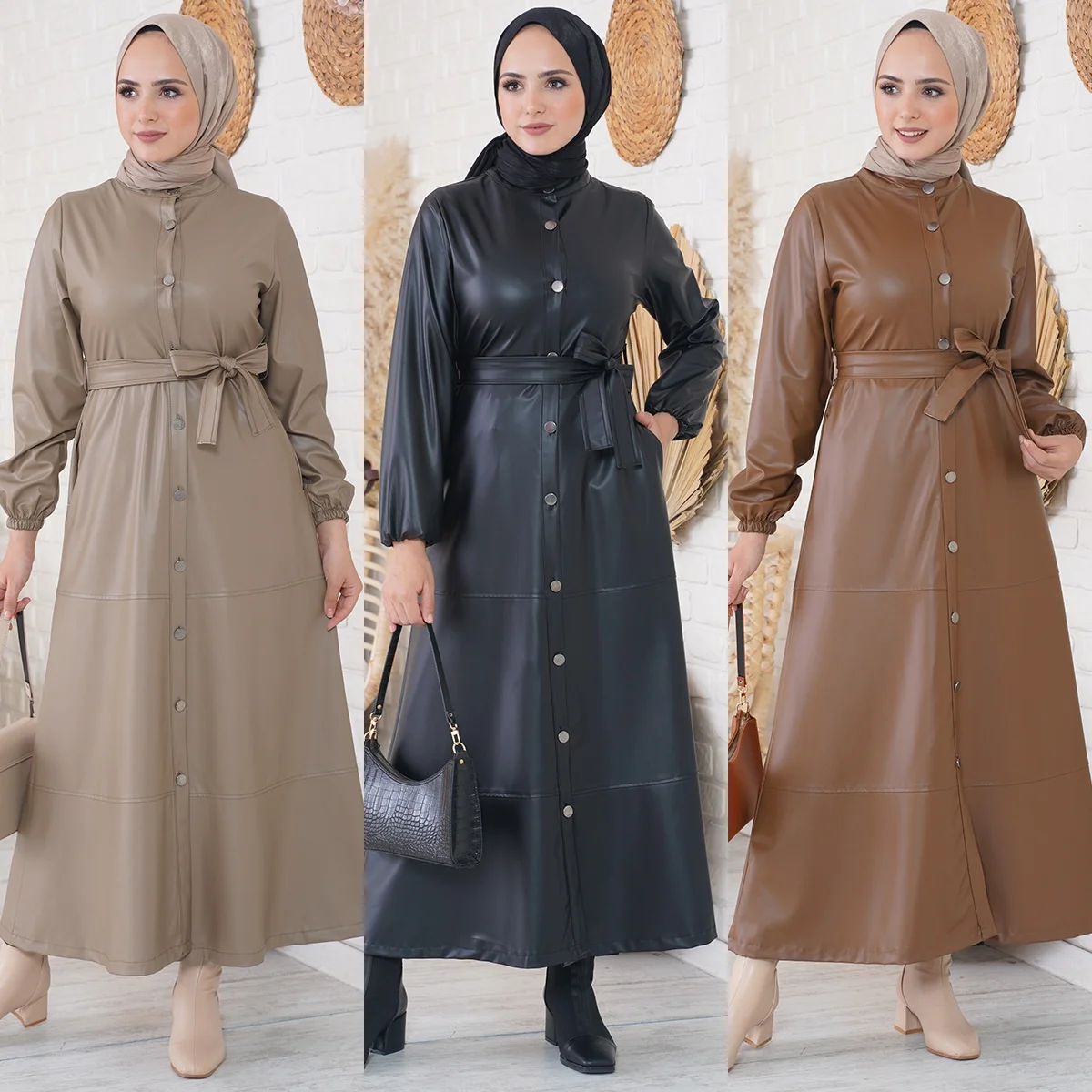 

Cool PU Leather Long Jacket Trench Coat Robe Autumn Winter Warm Female Outwear Islamic Clothes Abayas Kaftan New Muslim Fashion