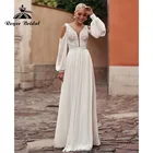 2022 Robe кружевной лиф Бохо шифоновые Свадебные платья с глубоким V-образным вырезом с длинным пышным рукавом для Чека с открытой спиной Свадебные платья Roycebridal