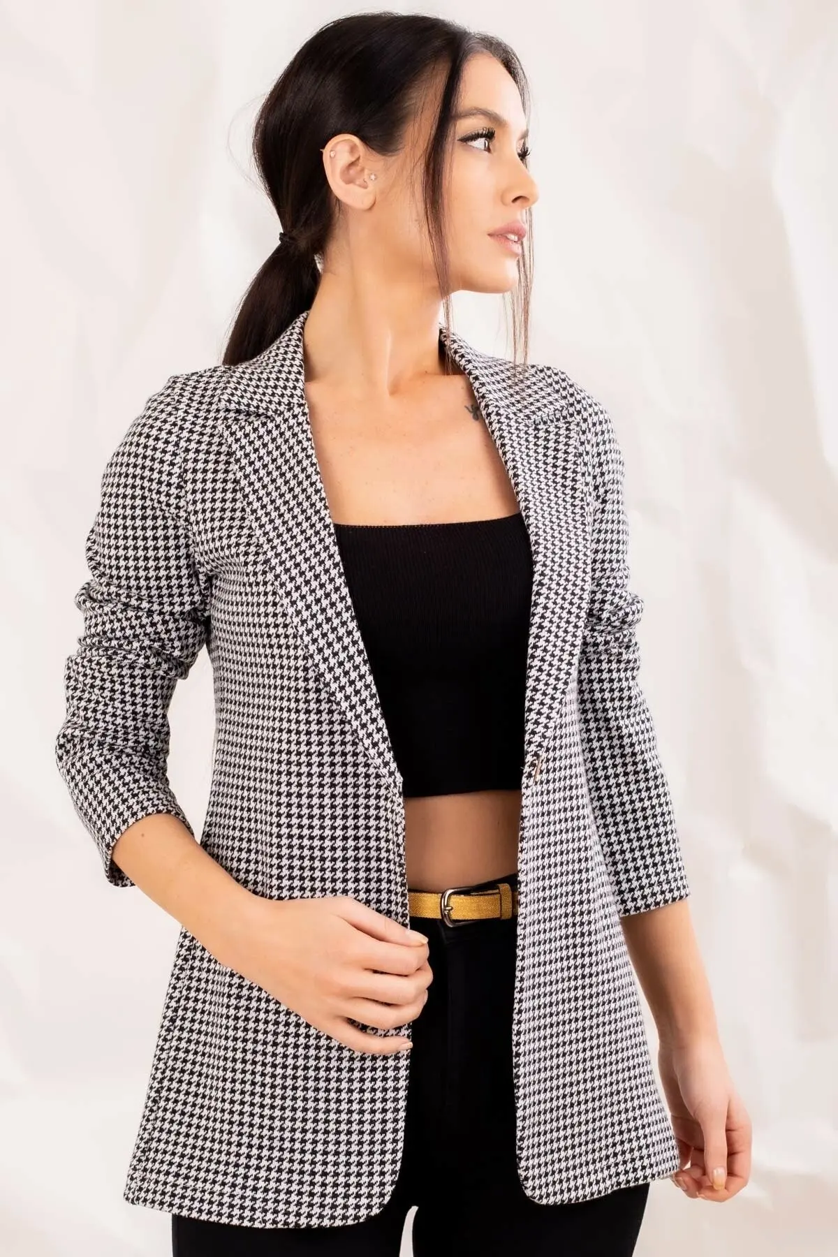 Women's Black Plaid Crowbar Pattern One-Button Women Button Fashion Outwear Formal Blazer Lady Office Work Suit Female Thin Coat