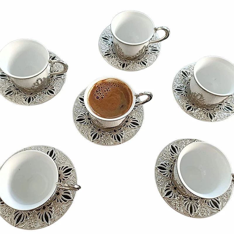 

Turkish Coffee Cups Set of 6 and Saucers 3 Ounce Luxury Porcelain Greek Arabic Espresso Demitasse Porcelain Cup Sets for Serving