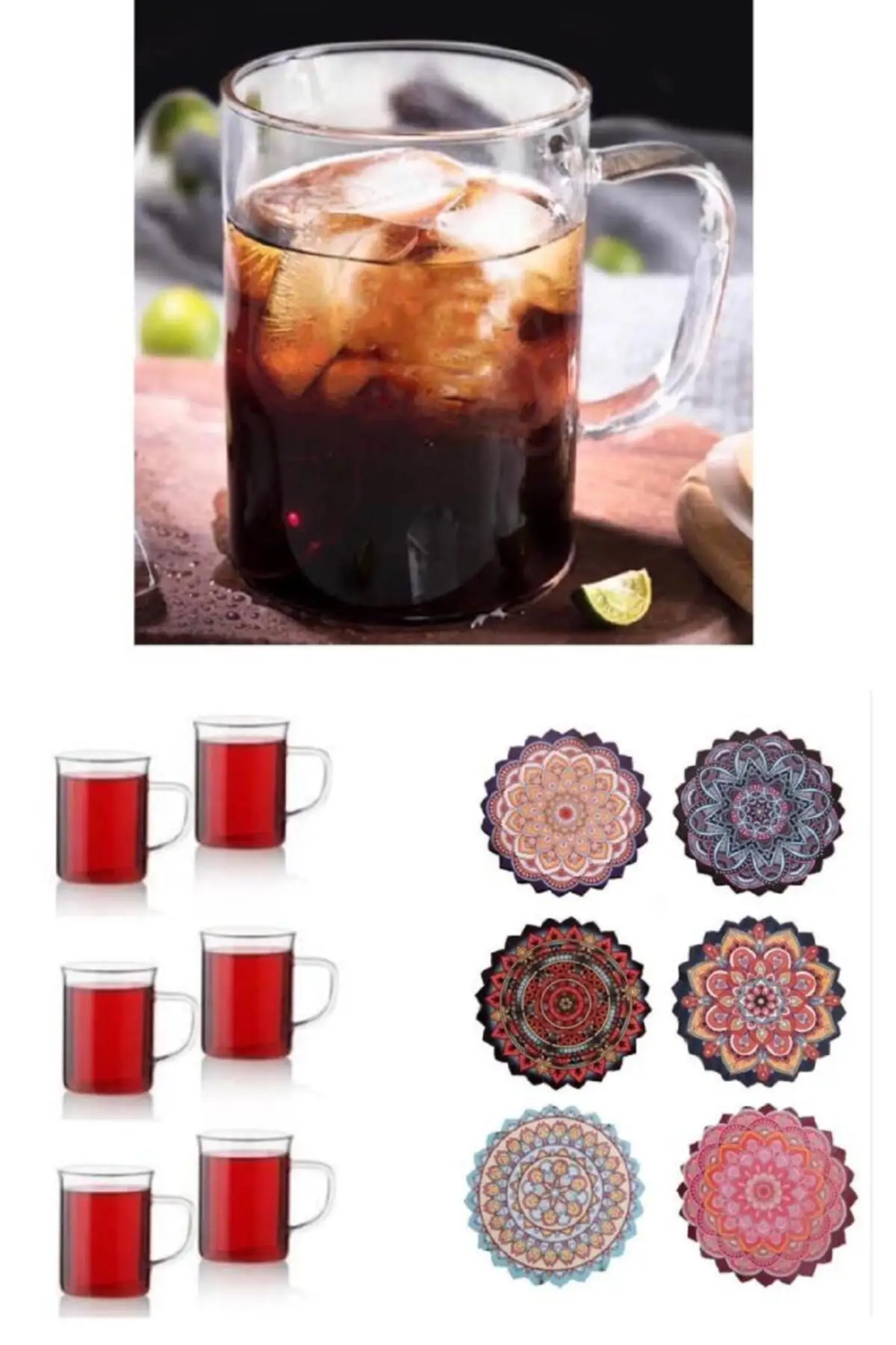 

12li tea set 6 pcs glass cup 6 pcs tile wood cup mat tile art wood art turkish tile art cup mug