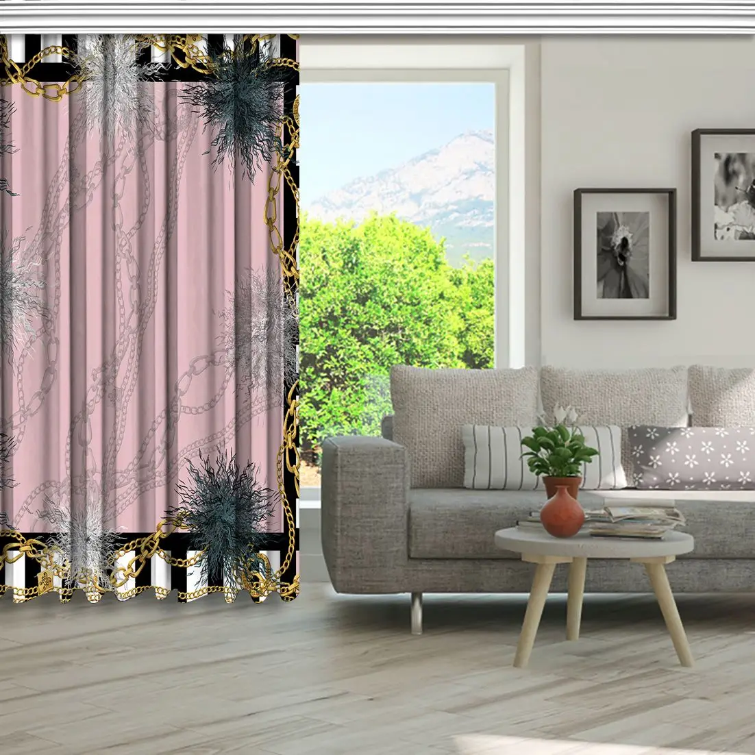 Занавески в полоску с золотой цепочкой и цветочным узором стиле барокко