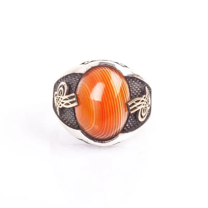 

925 Sterling Agate Stone Tugra Patterned Silver Ring Fashion Turkish Premium Quality Handmade Jawelery