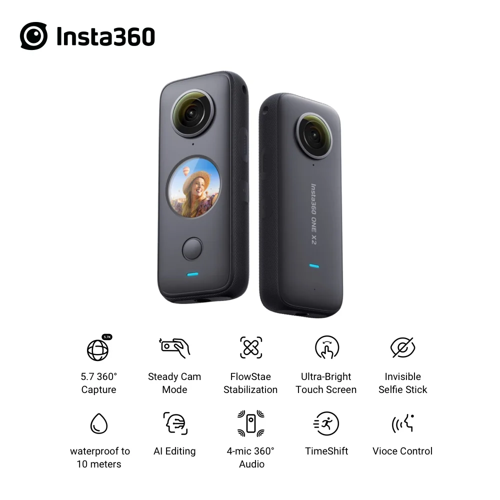 Insta360 ONE X2 360 Degree Waterproof Action Camera 5.7K Stabilization Touch Screen AI Editing Live Streaming Webcam | Электроника