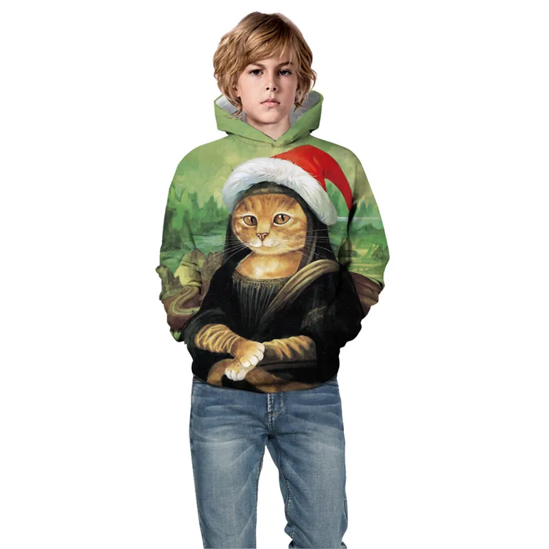 Детские толстовки с капюшоном 3D-принтом кошка Мона Лиза пальто в стиле гранж