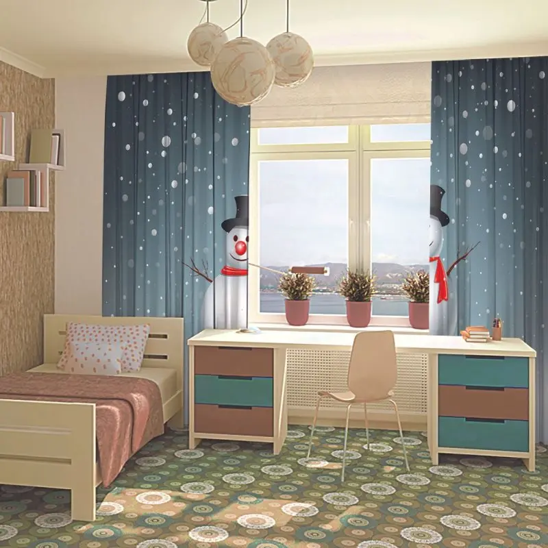 Занавеска с рождественским снеговиком снежные хлопья на сером фоне изображением