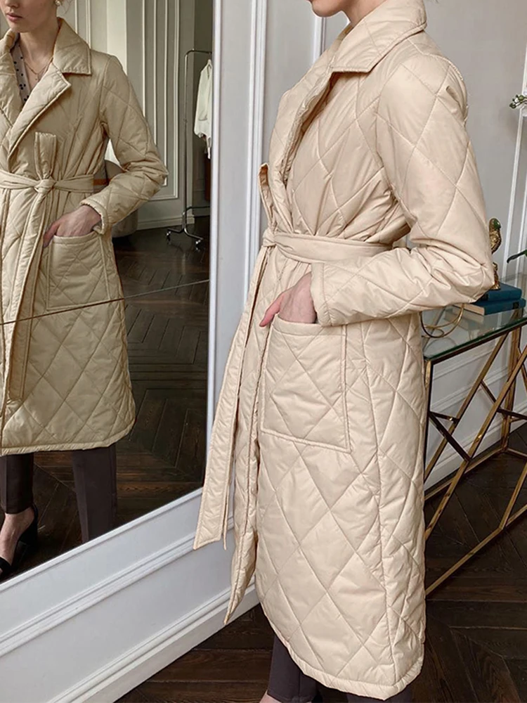Glamaker Casual rhombus printed women winter parka Long deep pockets straight coat Female tailored collar 2020 winter outerwear