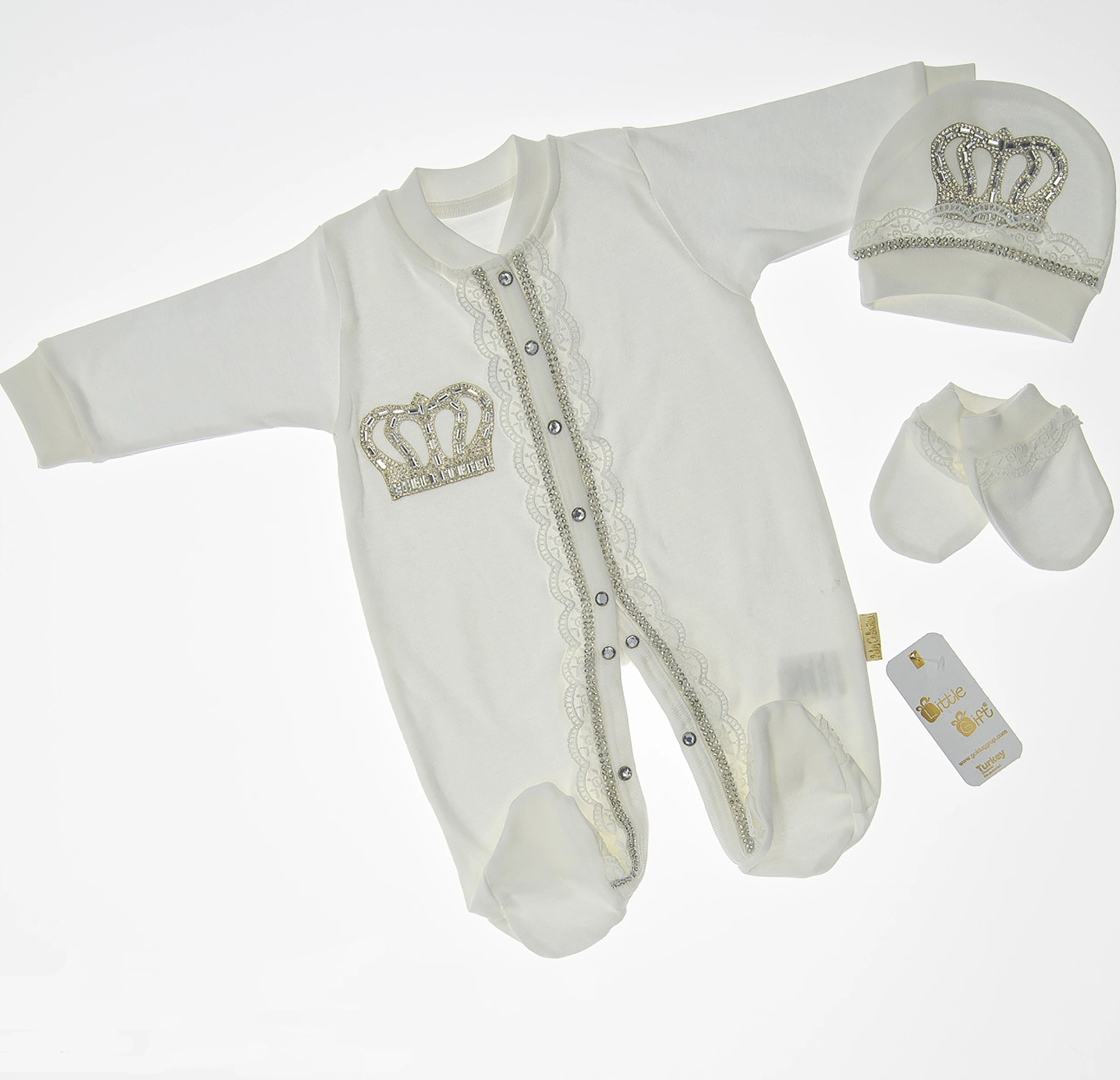

Newborn Baby Clothes Romper Set Cotton Basic Essentials Lacy Pearly Crowned 3 Piece Layette Wellcome Home Gift 0-3 Month