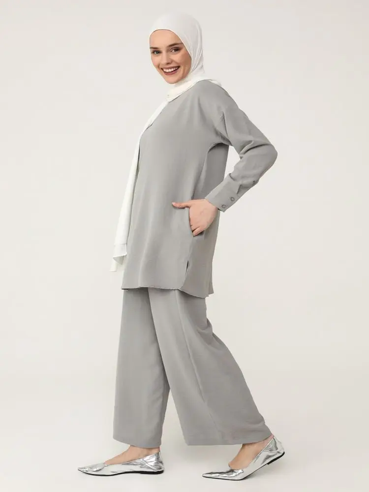 

Refka Casual Aerobin Tunic & Trousers Double Suit Two Piece Modest Women's Sets Crew Neck Slim Summer High Waist Wide Leg