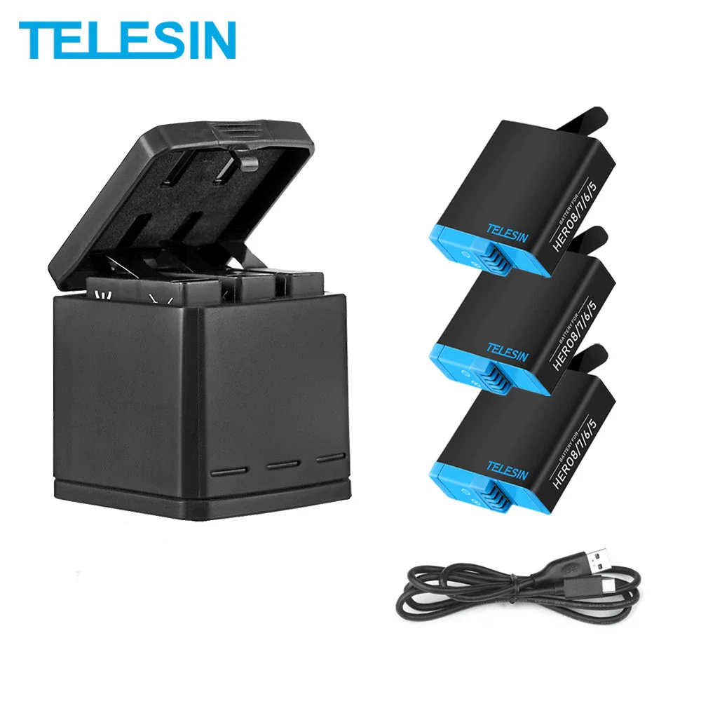 Аккумуляторный блок TELESIN 2 + зарядное устройство 3 слота в 1 USB-кабель Type-C для GoPro Hero 8