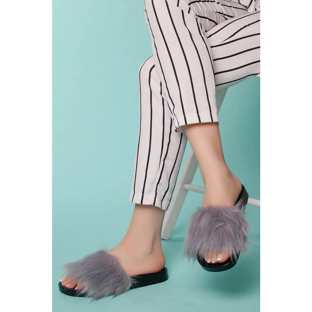 Women House Slippers Faux Fur Fashion Warm Shoes Woman Slip on Flats Female Slides Black Pink cozy home furry slippers sun