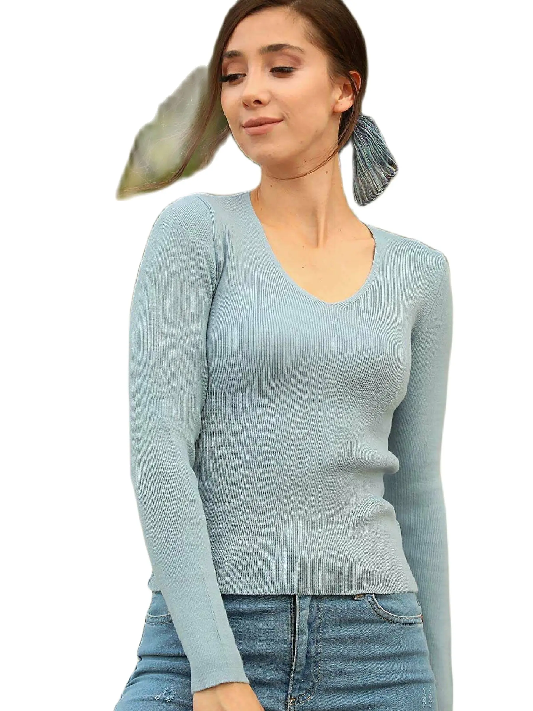 

V-Neck Sweater Revealing Women Autumn Winter Season 2021 Fashion Sexy Hot Casual Lady Outside Acrylic Fabric Blue Colour