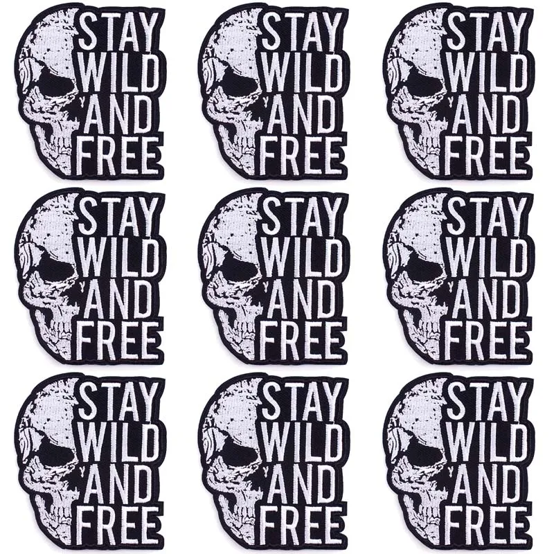 

Pulaqi 10 PCS Wholesale“STAY WILD AND FREE”Embroidered Patches For Clothing Skull Letter Patch Iron On Patches On Clothes DIY