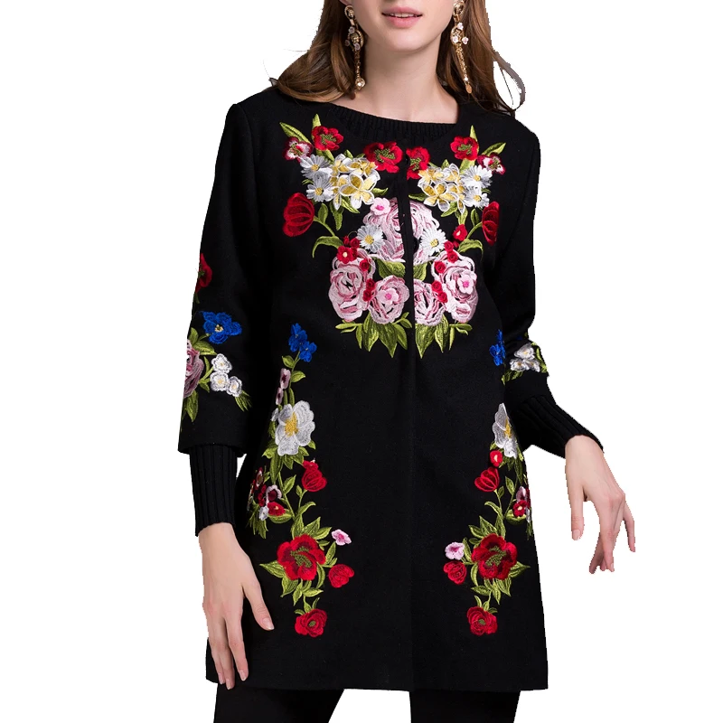 Осень, Женское пальто, модное, подиум, с принтом кактуса, 3XL, Тренч, элегантное, женское, с длинным рукавом, большое, шерстяное, с вышивкой, пальто - Цвет: Rose Embroidery