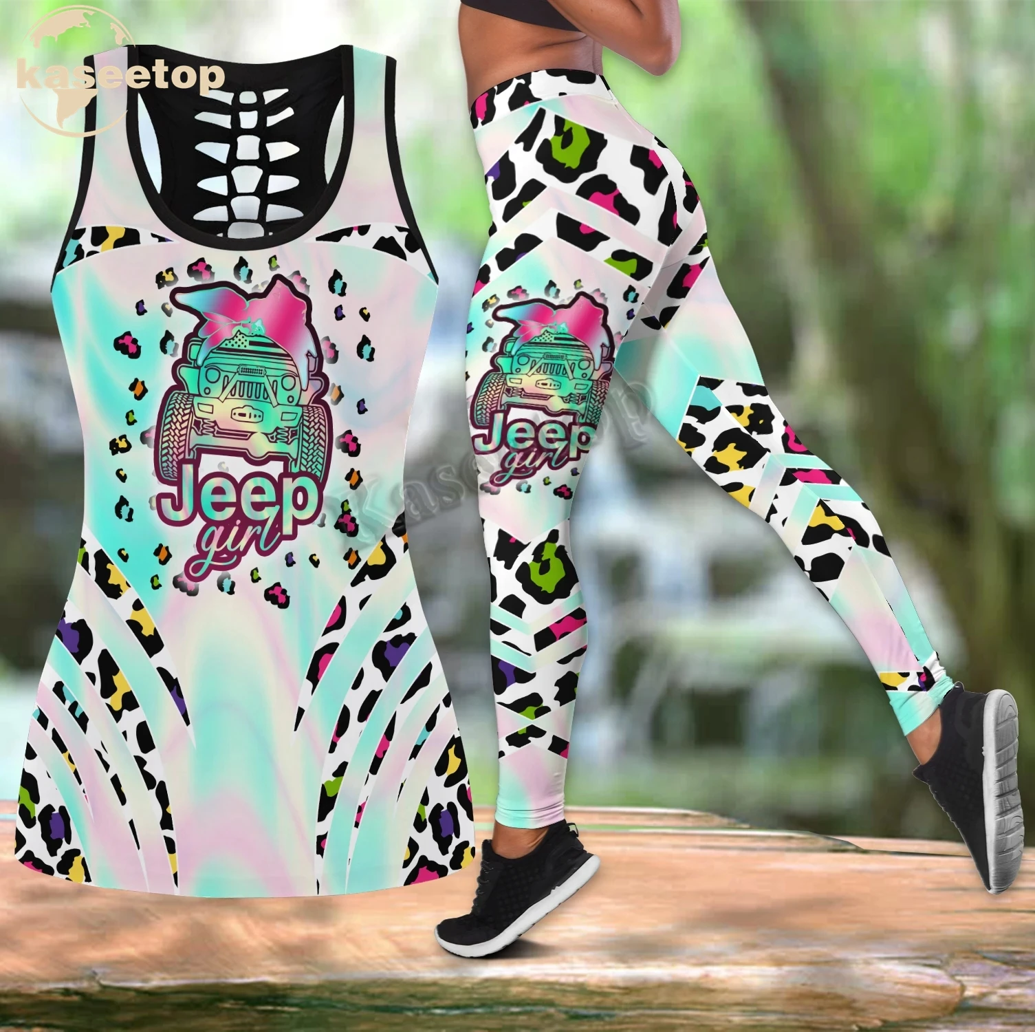 

Tattoo Car Art Legings Two Piece Yoga Set Women 3D Print Vest Hollow Out Tank Top High Waist Legging Summer Casual Sport LK231